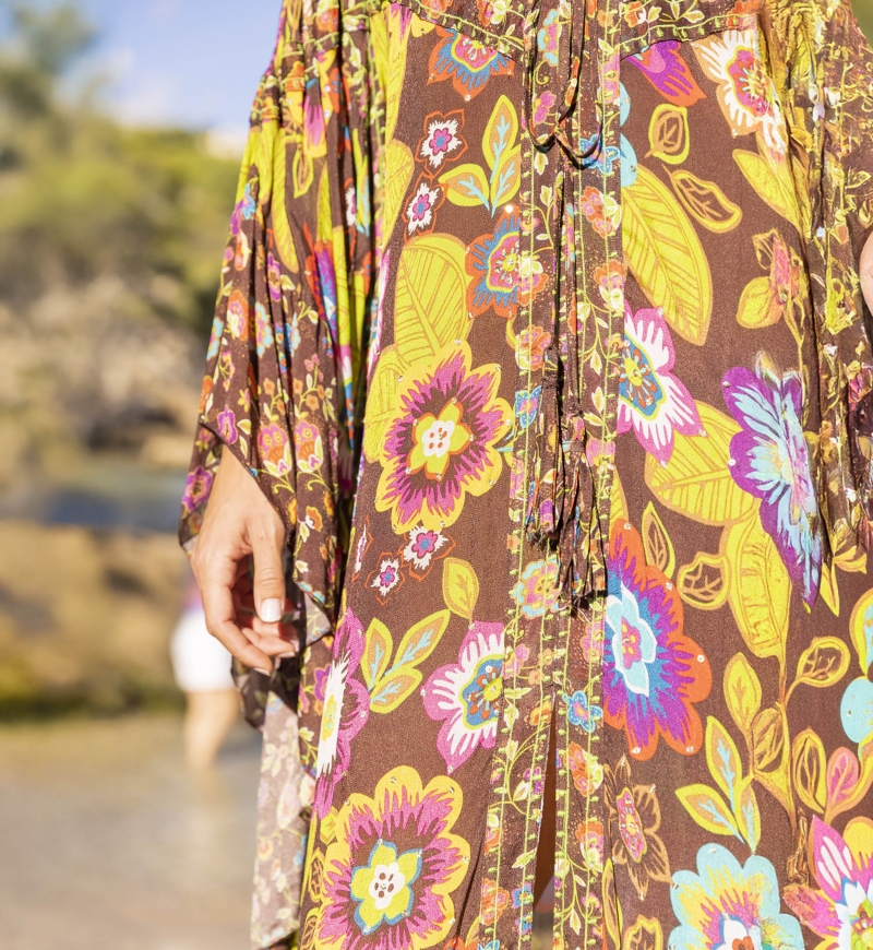 Delilah Long Caftan - brown - Floral Print - Long Sleeves - Miss June Paris - 3