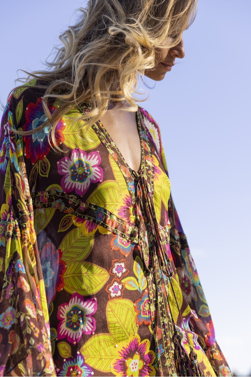 Caftan Long Delilah - marron - imprimé fleuri - manches longues - Miss June Paris - 2