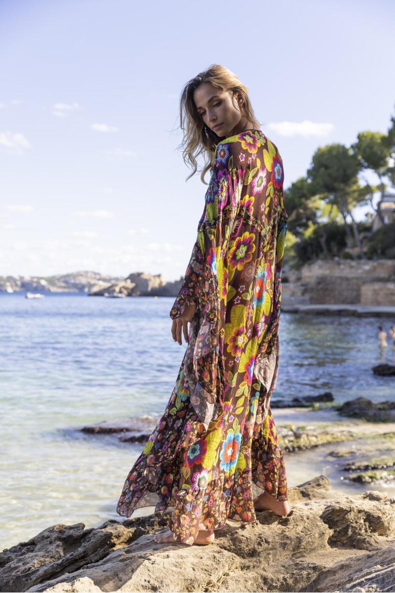 Delilah Long Caftan - brown - Floral Print - Long Sleeves - Miss June Paris - 1
