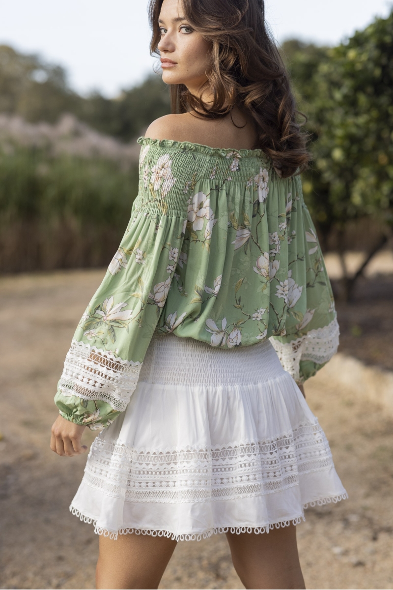 Gia Long Sleeve Blouse - green - Floral Print - White Embroidery - Boho Style - Miss June Paris - 5