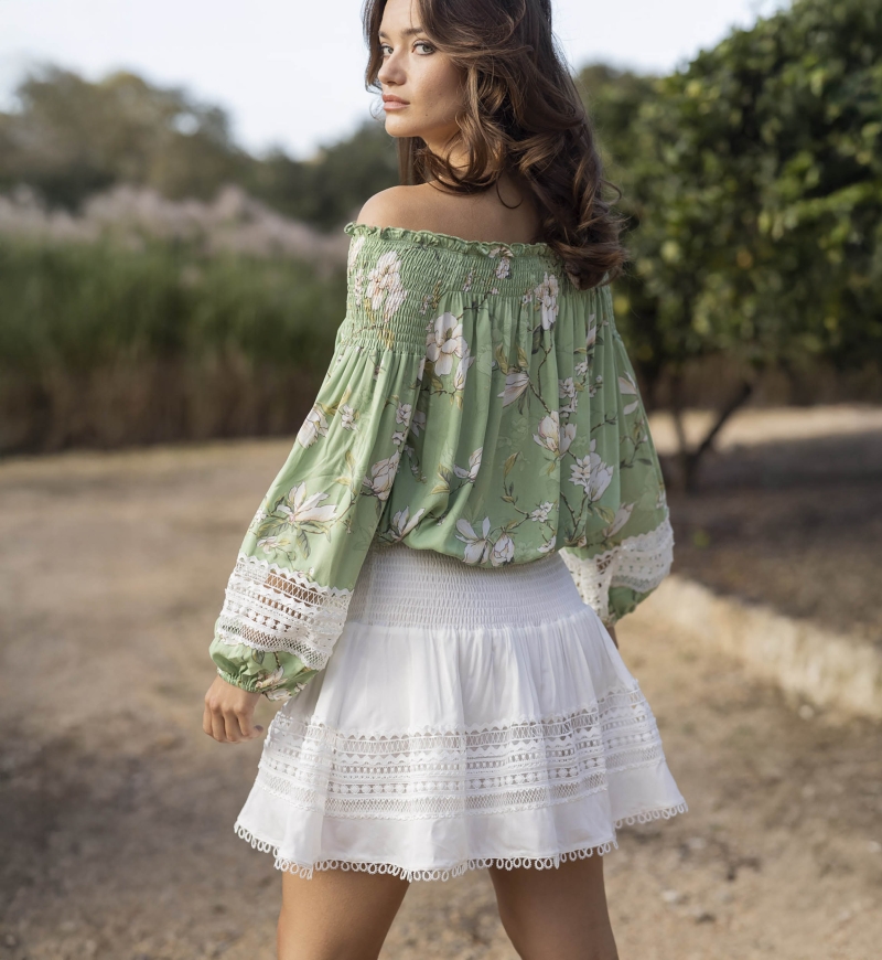 Blusa de Manga Larga Gia - verde - Estampado Floral - Bordado Blanco - Estilo Boho - Miss June Paris - 5