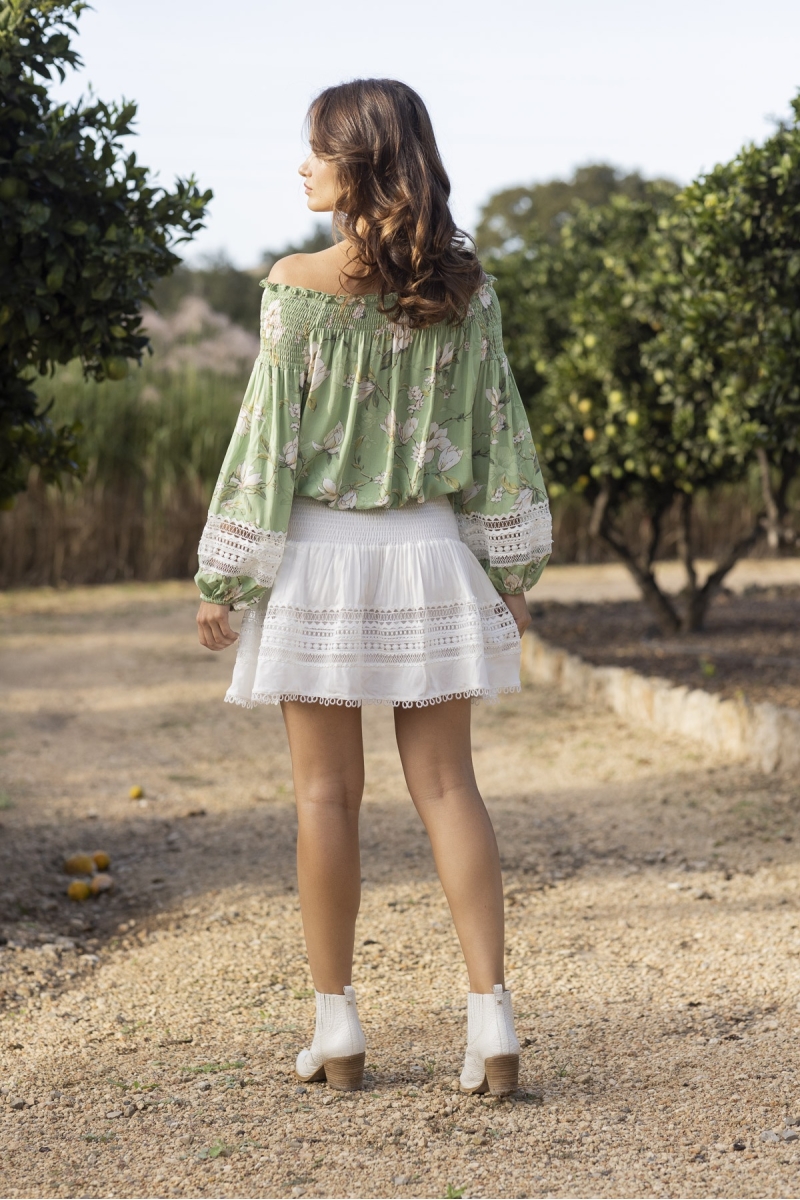 Blouse manches longues Gia - verte - imprimé fleuri - broderie blanche - style boho - Miss June Paris - 3