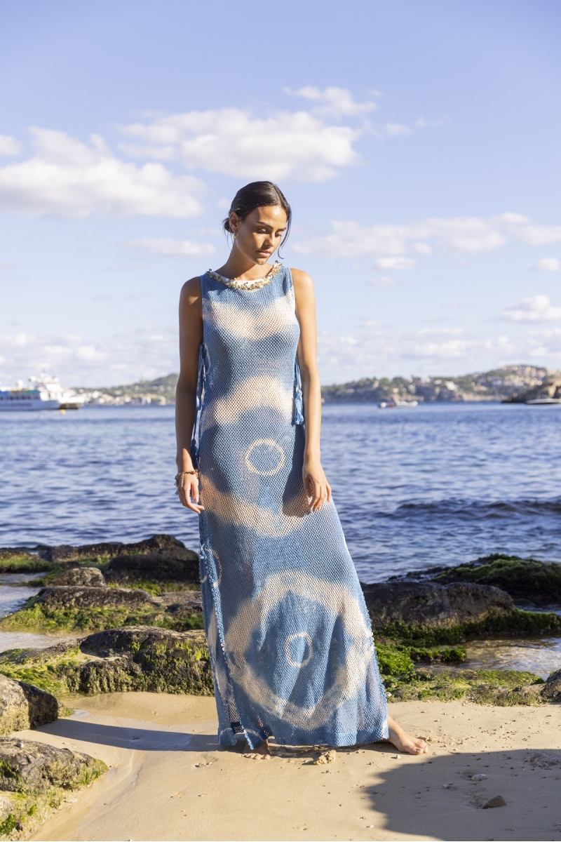 Goya Long Dress - blue - Crochet Dress - Decorated Plastron - Golden Sequins - Round Neck - Miss June Paris - 3