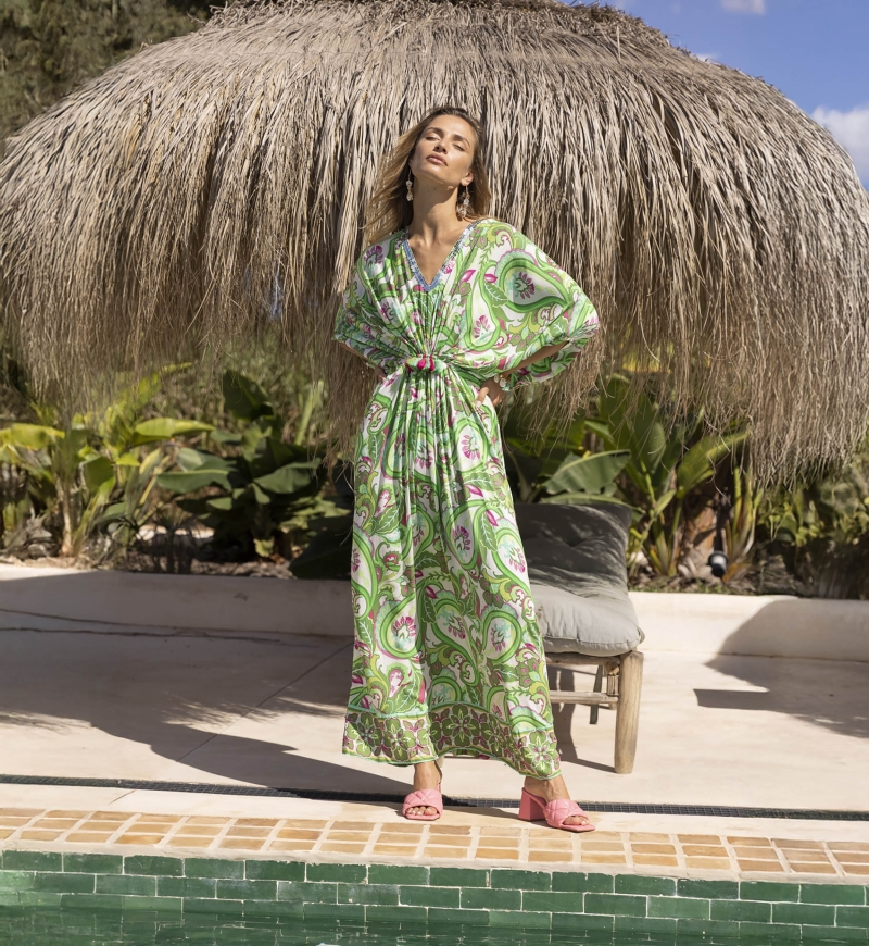 Vestido Largo Emmy - verde/blanco - Estampado Cachemira - Mangas Largas - Con Lentejuelas - Miss June Paris - 1