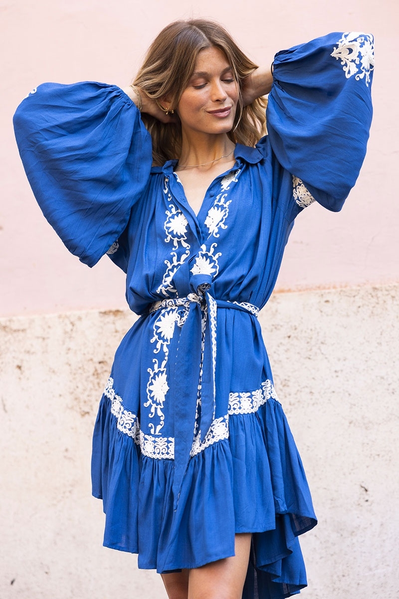 robe courte manche longue boheme chic bleu DINA - Miss June