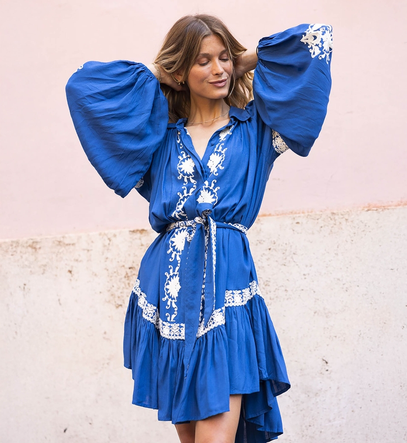 vestido corto azul bohemio chic manga corta DINA - Miss June