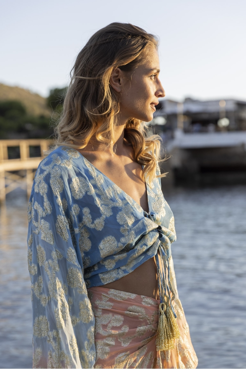 Top Sunday - pêche / dégradé manche bleue- manches longues - style boho - col V- Miss June Paris - 2