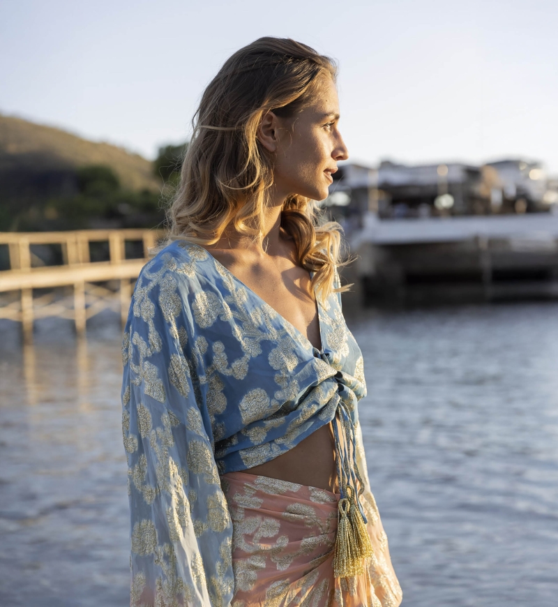 Top Sunday - pêche / dégradé manche bleue- manches longues - style boho - col V- Miss June Paris - 2