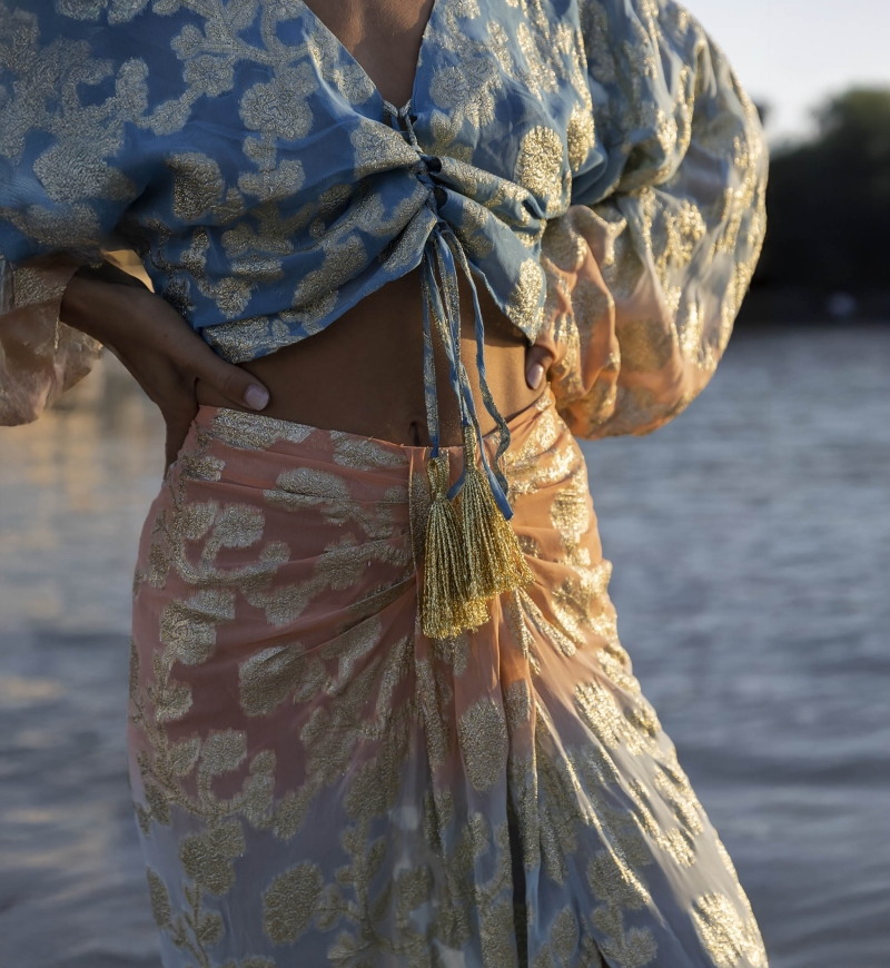 Top Sunday - pêche / dégradé manche bleue- manches longues - style boho - col V- Miss June Paris - 3