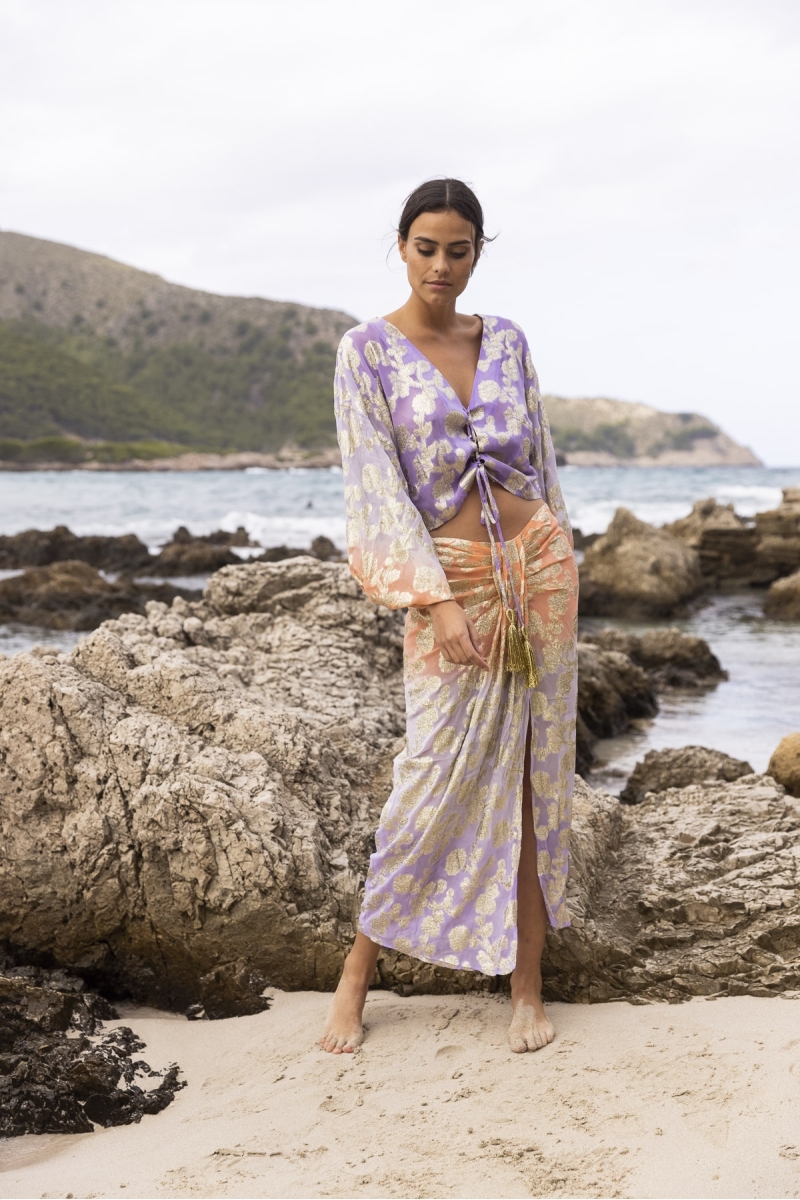 Falda Midi Shade - Melocotón/Lila - Detalles Dorados - Estilo Boho - Miss June Paris - 3
