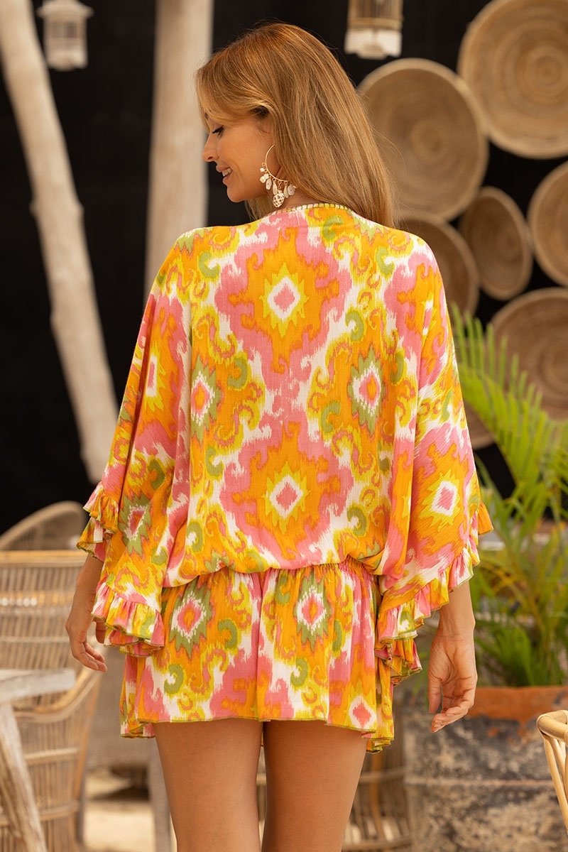 mini robe MAVIS - orange - manche longue - plastron decoré - details dorés - boheme  - Miss June Paris - 1