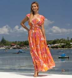 Robe Longue Scarlett - rose/orange - imprimé bohème - col V - ceinture smockéé - Miss June Paris - 1