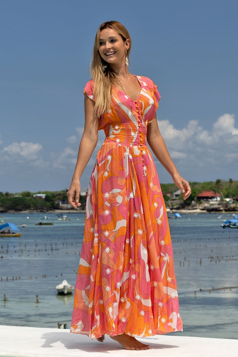 Long Dress Scarlett – pink/orange – bohemian print – V-neck – smocked belt – Miss June Paris – 2