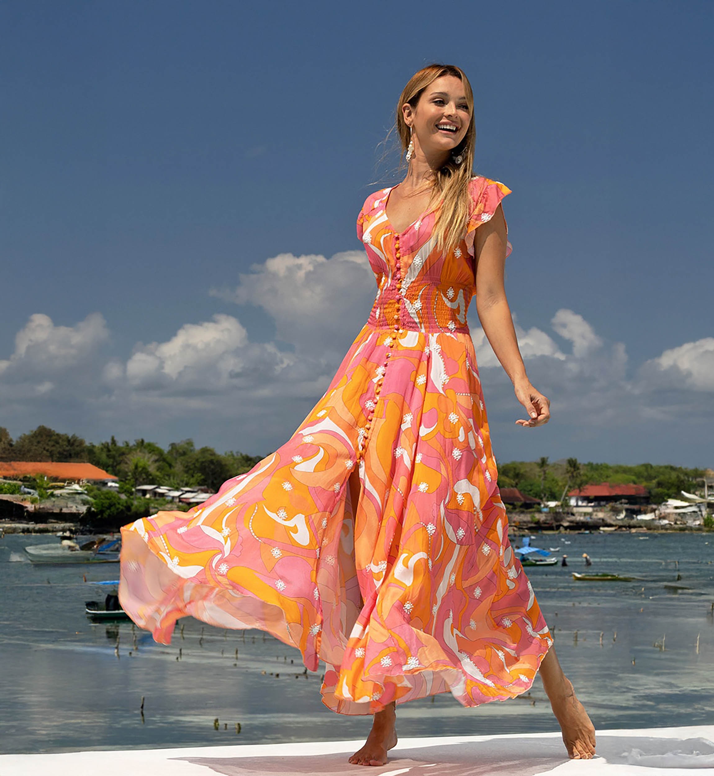 Robe Longue Scarlett - rose/orange - imprimé bohème - col V - ceinture smockéé - Miss June Paris - 3