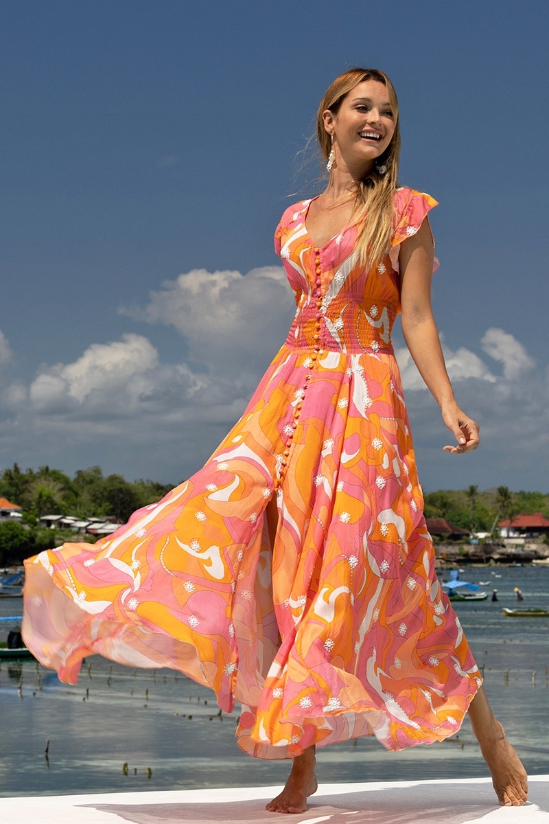 Robe Longue Scarlett - rose/orange - imprimé bohème - col V - ceinture smockéé - Miss June Paris - 3