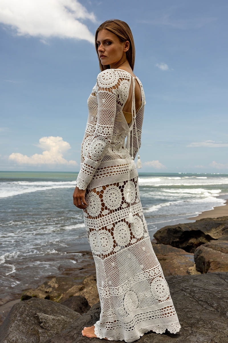 robe longue BIRKIN - blanche - en crochet - manche longue - boheme - Miss June Paris - 3