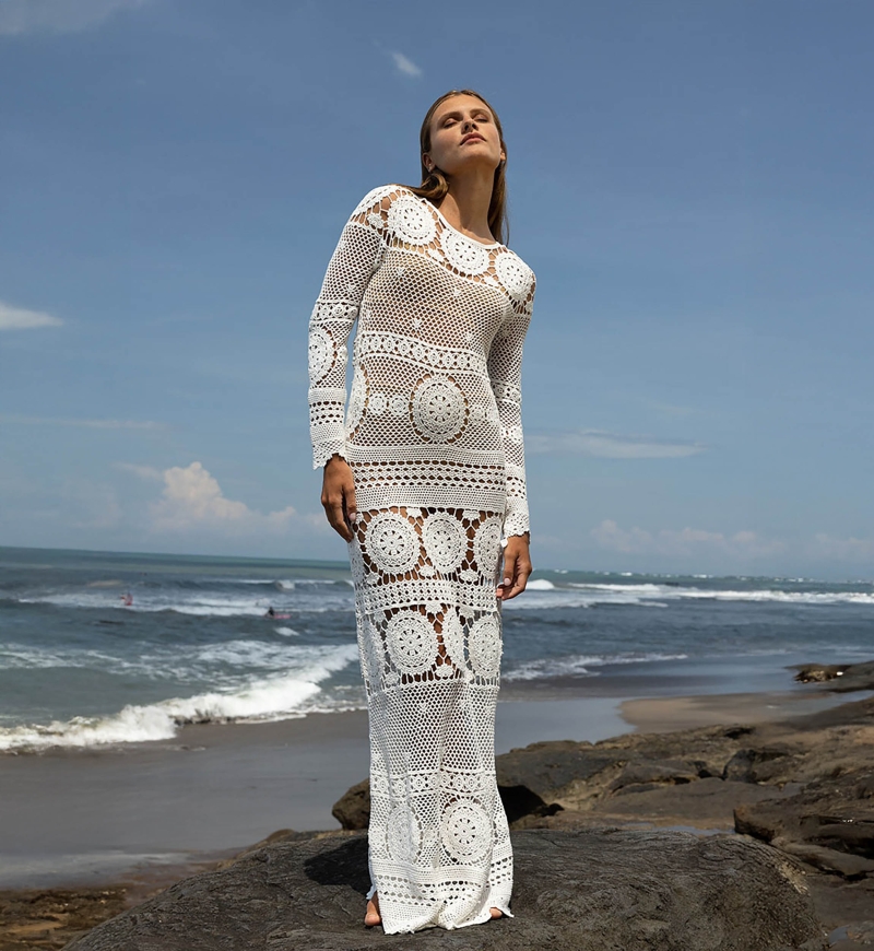 robe longue BIRKIN - blanche - en crochet - manche longue - boheme - Miss June Paris - 6