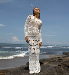 robe longue BIRKIN - blanche - en crochet - manche longue - boheme - Miss June Paris - 6