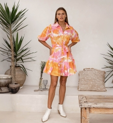 Robe Courte Victoria - rose/orange -manche courte - motif tie & dye - ceinture assortie - bohème  - Miss June Paris - 3