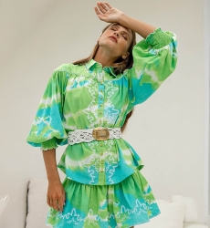 Shirt Hayley – green/aqua – puff long sleeves – tie & dye pattern – bohemian – Miss June Paris – 5