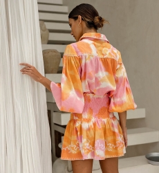 Jupe Lelya - orange/rose - détails brodés - style smocké - motif tie & dye - bohème  - Miss June Paris - 5