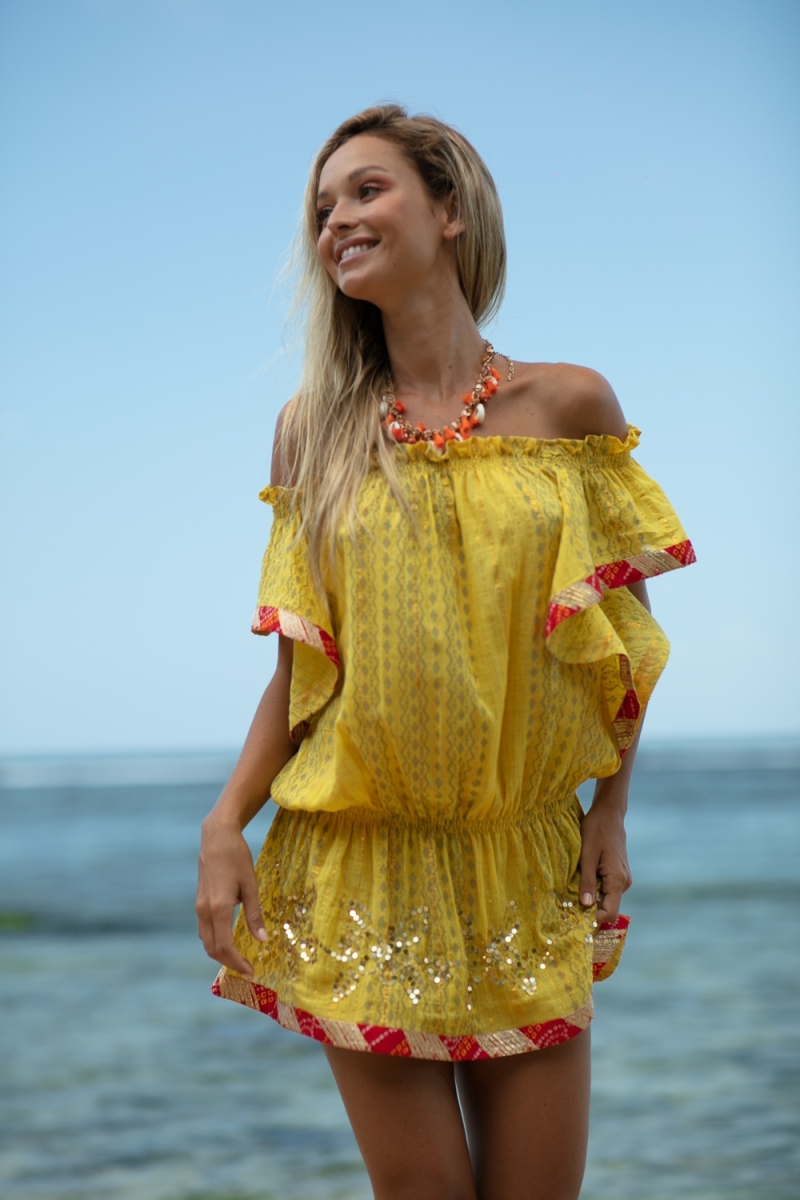 Robe Courte Lakshimi - orange/jaune - épaules dénudées - manche courte boho - Miss June Paris - 5
