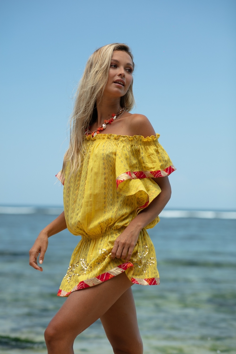 Vestido corto Lakshimi – Naranja/Amarillo – Hombros descubiertos – Manga corta – Boho – Miss June Paris – 6