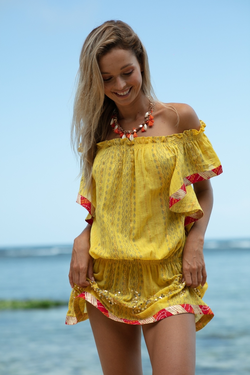 Robe Courte Lakshimi - orange/jaune - épaules dénudées - manche courte boho - Miss June Paris - 8