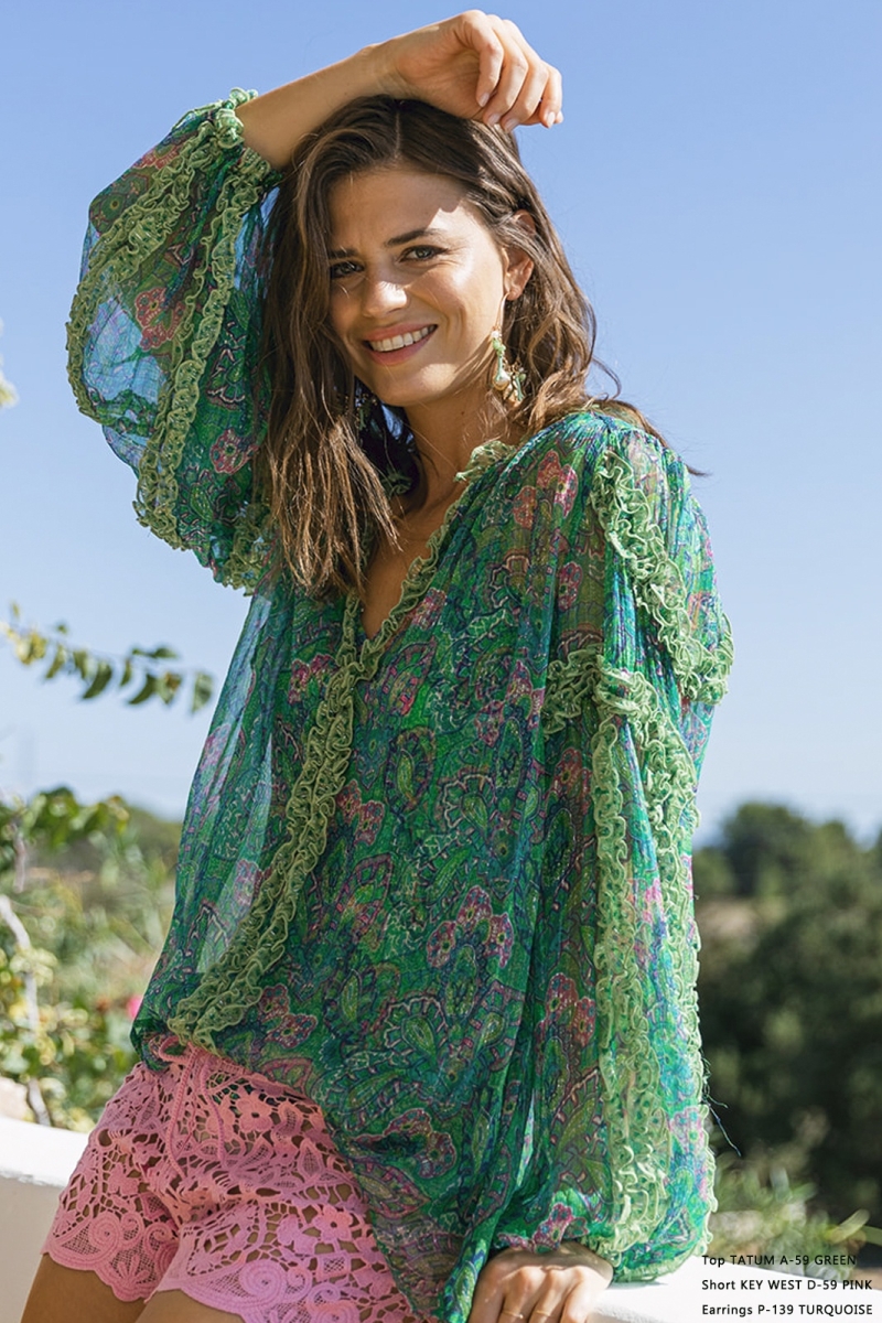 Tatum Blouse – Green or Beige – Lurex – Long Sleeve – Bohemian – Miss June Paris – 5