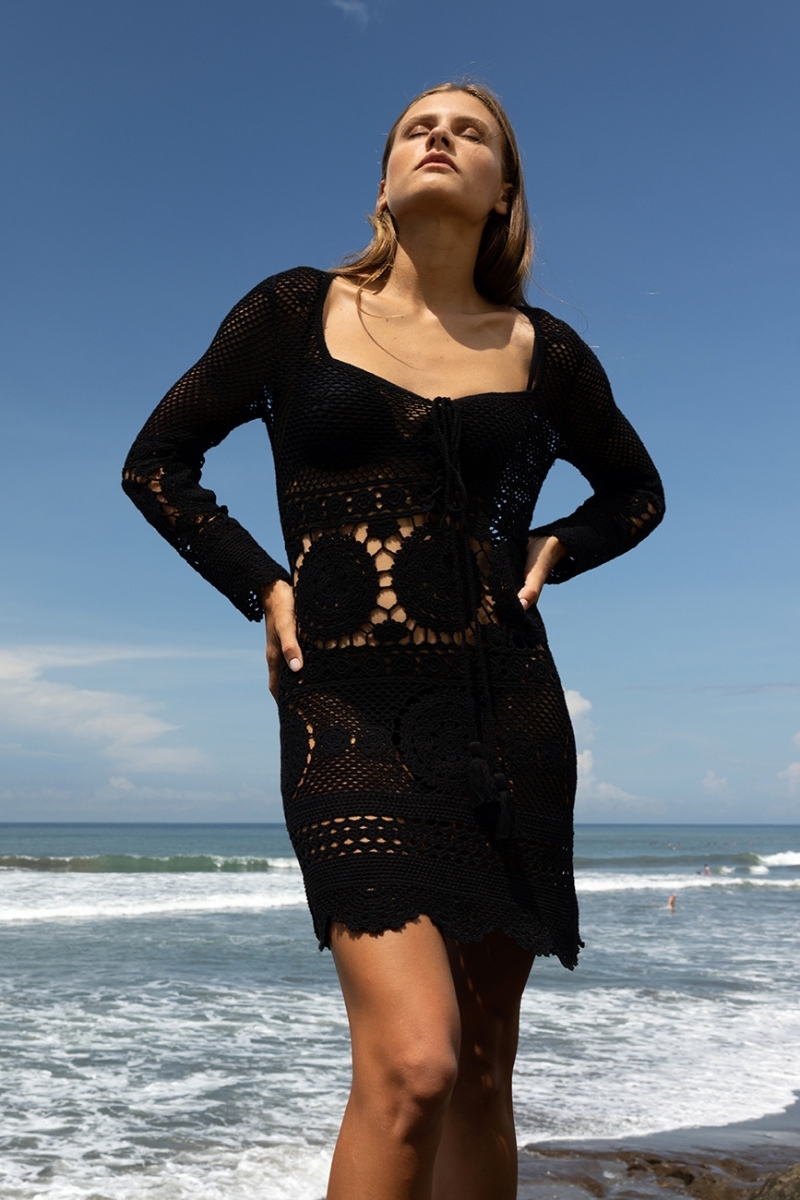 Amelia Short Dress - Black - Adjustable Neckline - Crochet Dress - Long Sleeves - Boho Style - Miss June Paris - 1