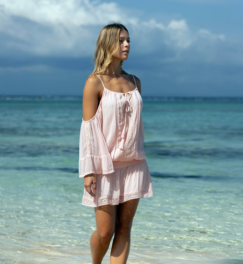 LOVELY Short Dress – Blue or Petal – Long Sleeve – Off-Shoulder – Boho Chic – Miss June Paris – 6