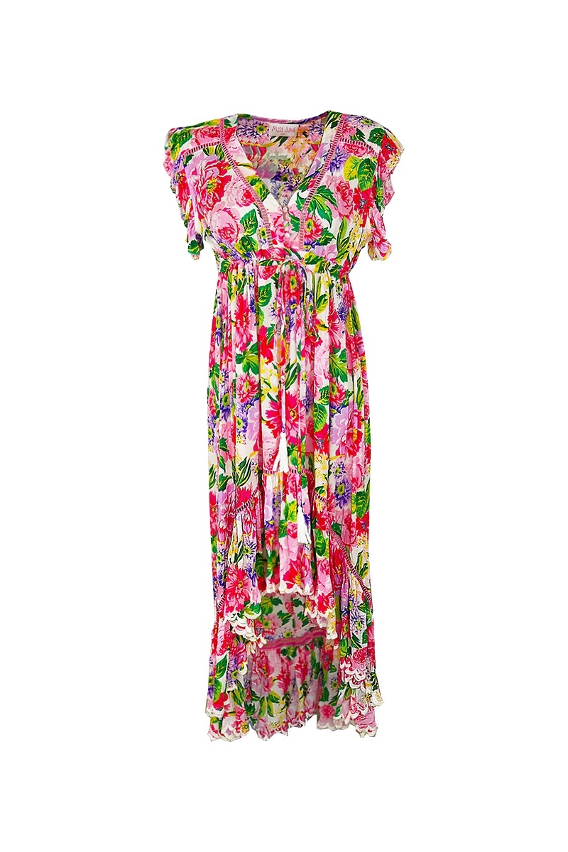 Robe Longue Holy - rose - imprimé fleuri - manches courtes - col V - cordon de serrage à la taille - boho - Miss June Paris - 2