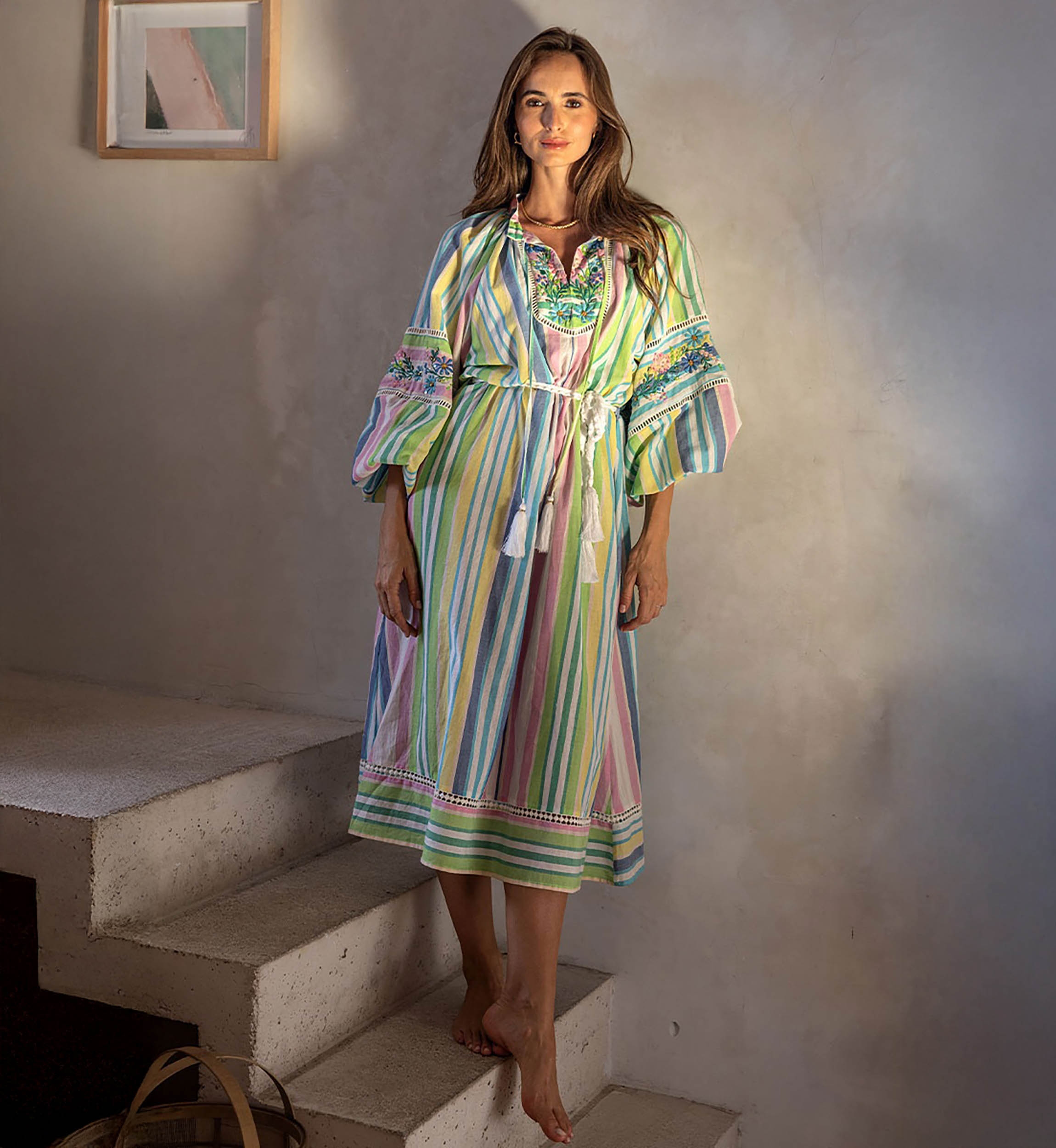 Robe longue Veronica - imprimé rayures - manches longues bouffantes - ceinture assortie - Miss June Paris - 4