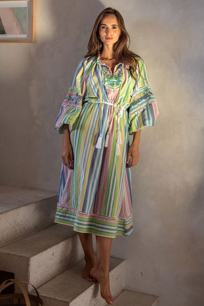 Robe longue Veronica - imprimé rayures - manches longues bouffantes - ceinture assortie - Miss June Paris - 4