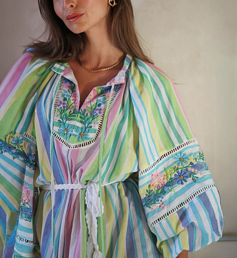 Robe longue Veronica - imprimé rayures - manches longues bouffantes - ceinture assortie - Miss June Paris - 5