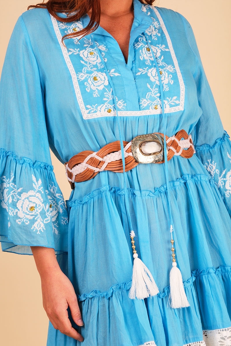 Cecilia short dress - blue with white embroidery - delicate lace - refined texture - Miss June Paris - 6