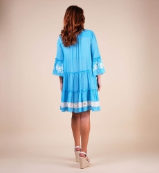 Cecilia short dress - blue with white embroidery - delicate lace - refined texture - Miss June Paris - 7
