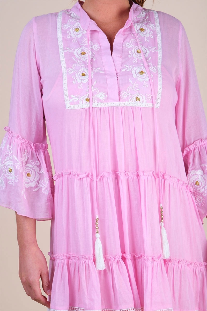 Cecilia short dress - pink with white embroidery - delicate lace - refined texture - Miss June Paris - 6
