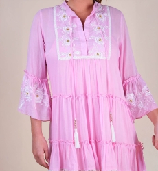 Cecilia short dress - pink with white embroidery - delicate lace - refined texture - Miss June Paris - 6