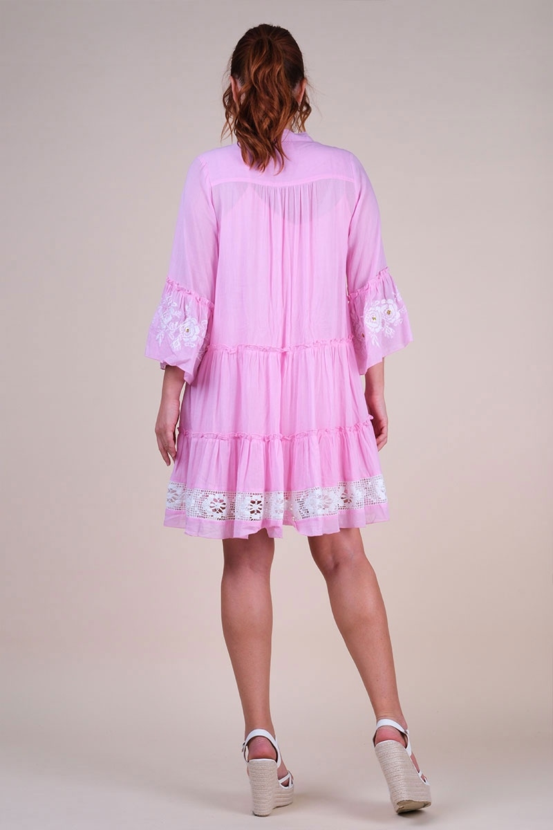 Cecilia short dress - pink with white embroidery - delicate lace - refined texture - Miss June Paris - 7