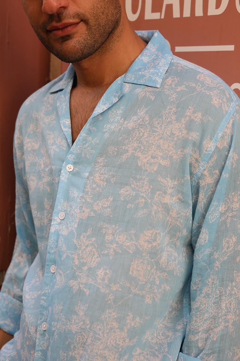 Shirt Salento – blue – white floral print – long sleeves – lightweight fabric – Shay collection – Miss June Paris – 3