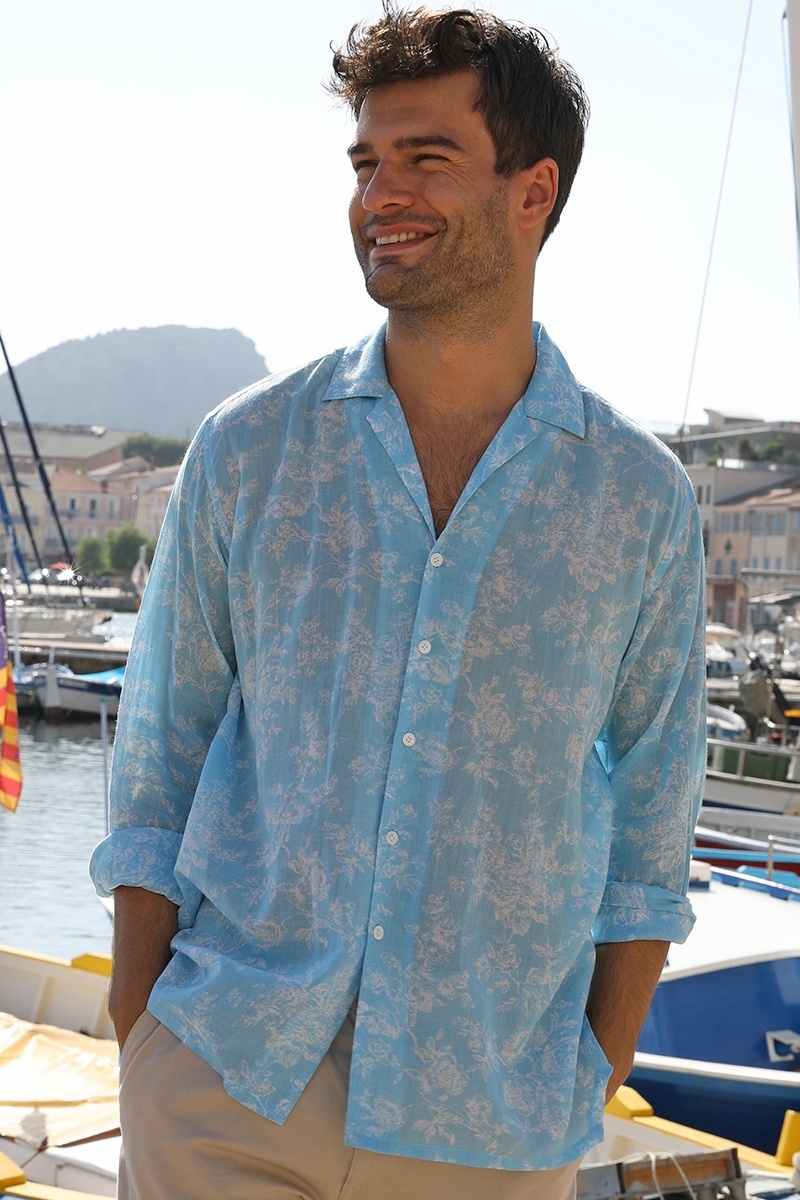 Shirt Salento – blue – white floral print – long sleeves – lightweight fabric – Shay collection – Miss June Paris – 1