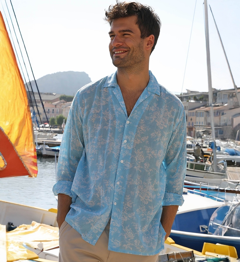 Shirt Salento – blue – white floral print – long sleeves – lightweight fabric – Shay collection – Miss June Paris – 1