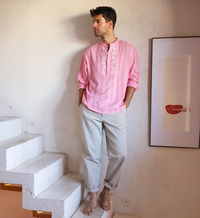 Camisa Jerico – rosa con detalles bordados en blanco – mangas largas – colección Shay – Miss June Paris – 5