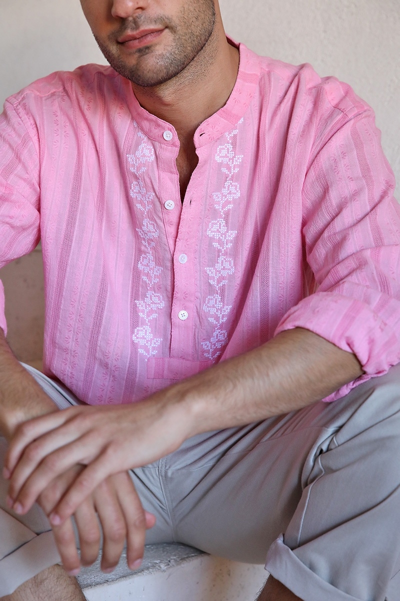Chemise Jerico - rose avec des détails brodés en blanc - manches longues - collection Shay - Miss June Paris - 5
