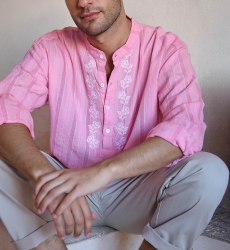 Chemise Jerico - rose avec des détails brodés en blanc - manches longues - collection Shay - Miss June Paris - 5