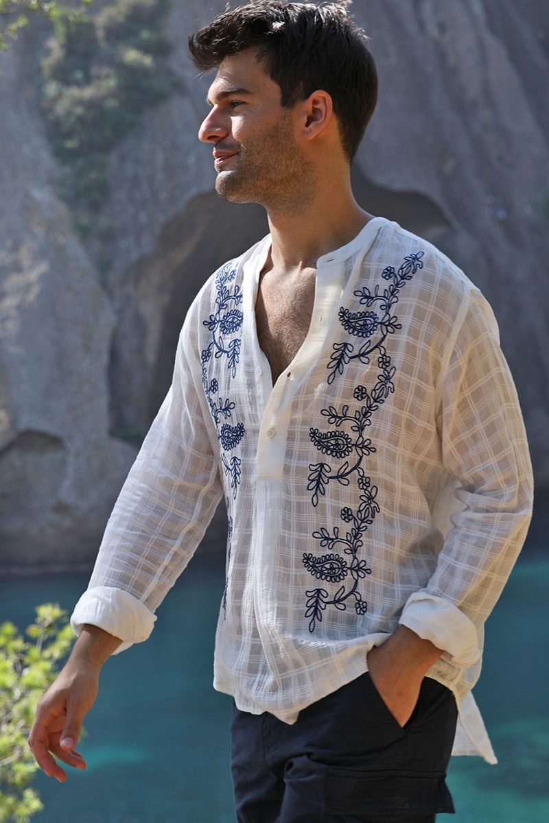 Chemise Cocora - blanche - broderies bleues - manche longue - collection Shay - Miss June Paris - 5