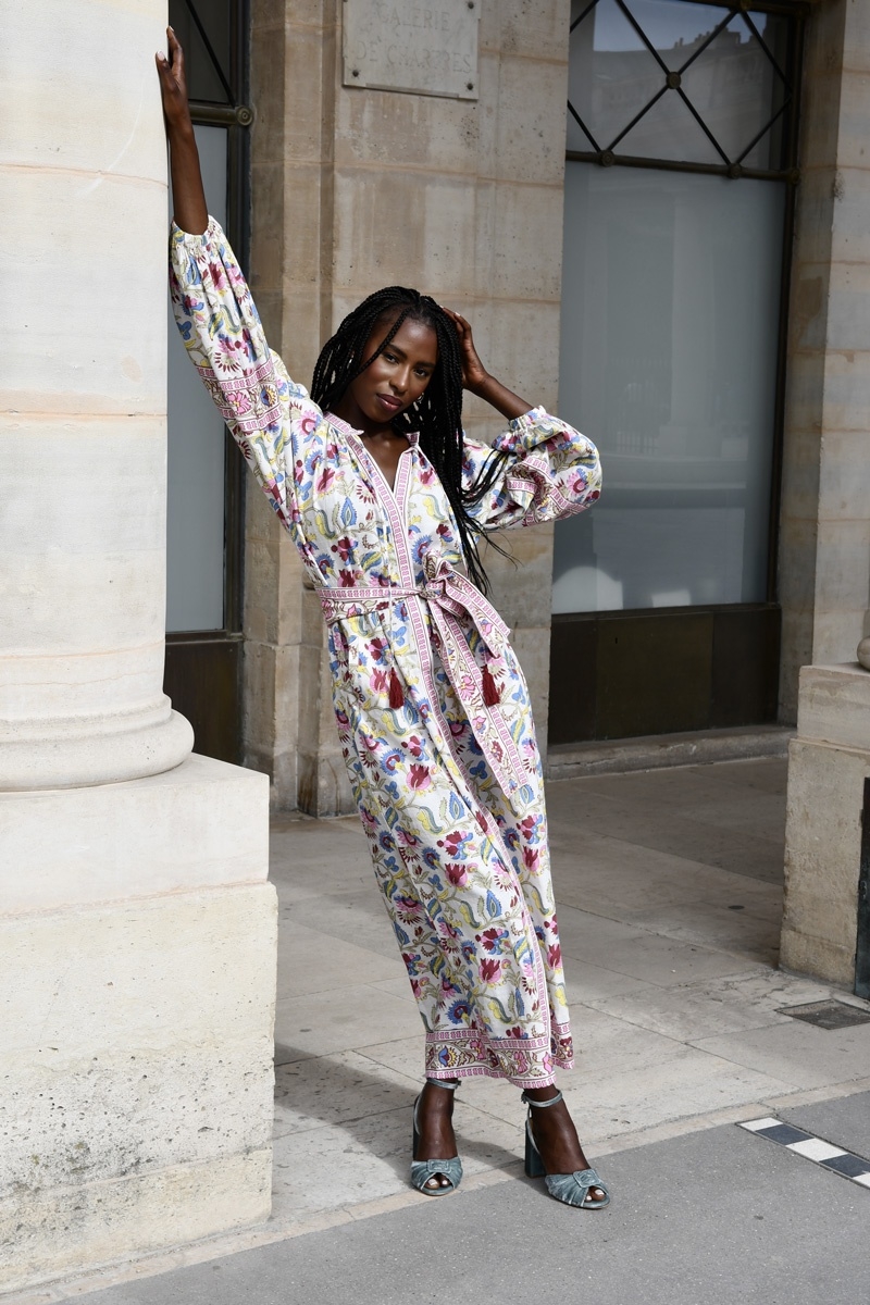 Long Dress Adriana: multicolor - floral print - long sleeves - matching belt - Miss June Paris - 4