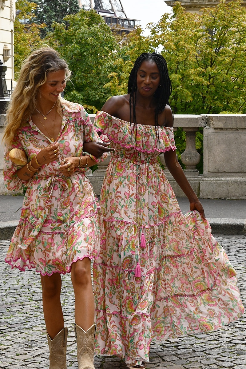 Robe longue Karina - couleurs vives - imprimé fleuri - épaules dénudées - Miss June Paris - 5