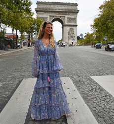 Long Dress Emilia: blue - delicate ruffles - fluid cut - silver lurex - subtle patterns - Miss June Paris - 4